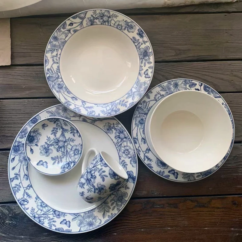 

Blue and White Wildflower Ceramic Plate Chinese Modern American Pastoral Dinner Set Plates and Dishes Restaurant Hotel Tableware