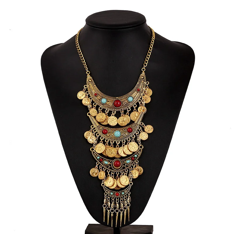 

European And American Fashion Retro Ethnic Style Exaggerated Necklace Bohemian Inlaid Turquoise Wings Tassel Necklace for women