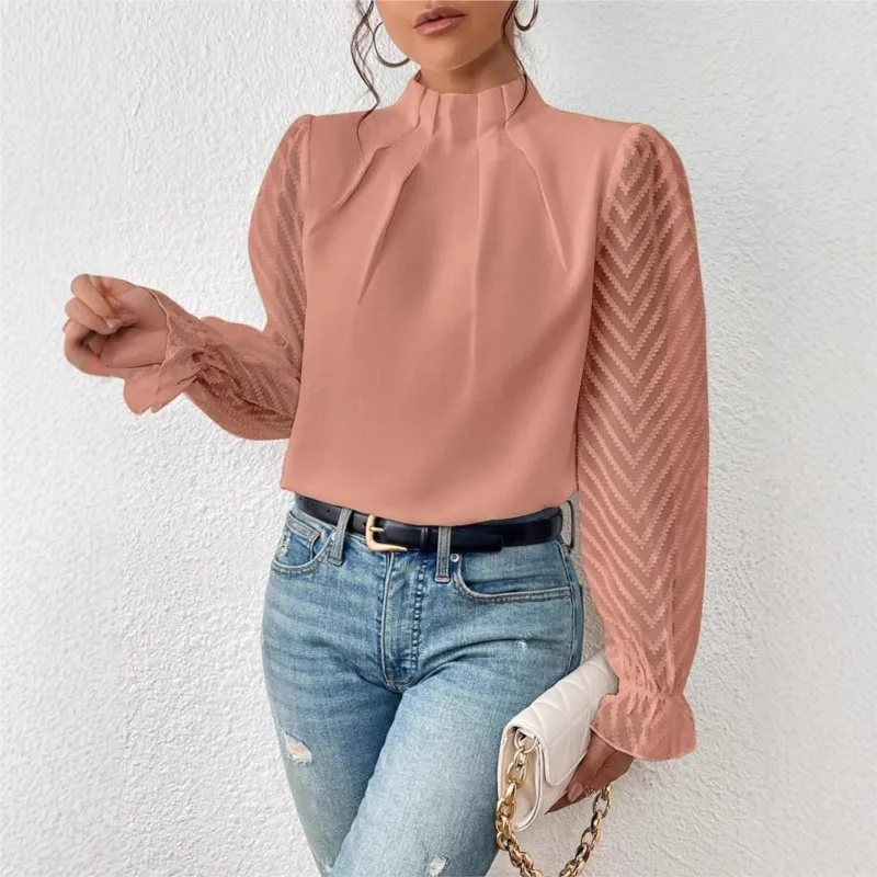 Blusas Mujer Moda Элегантные весенне-летние рубашки с высоким воротником и волнистым