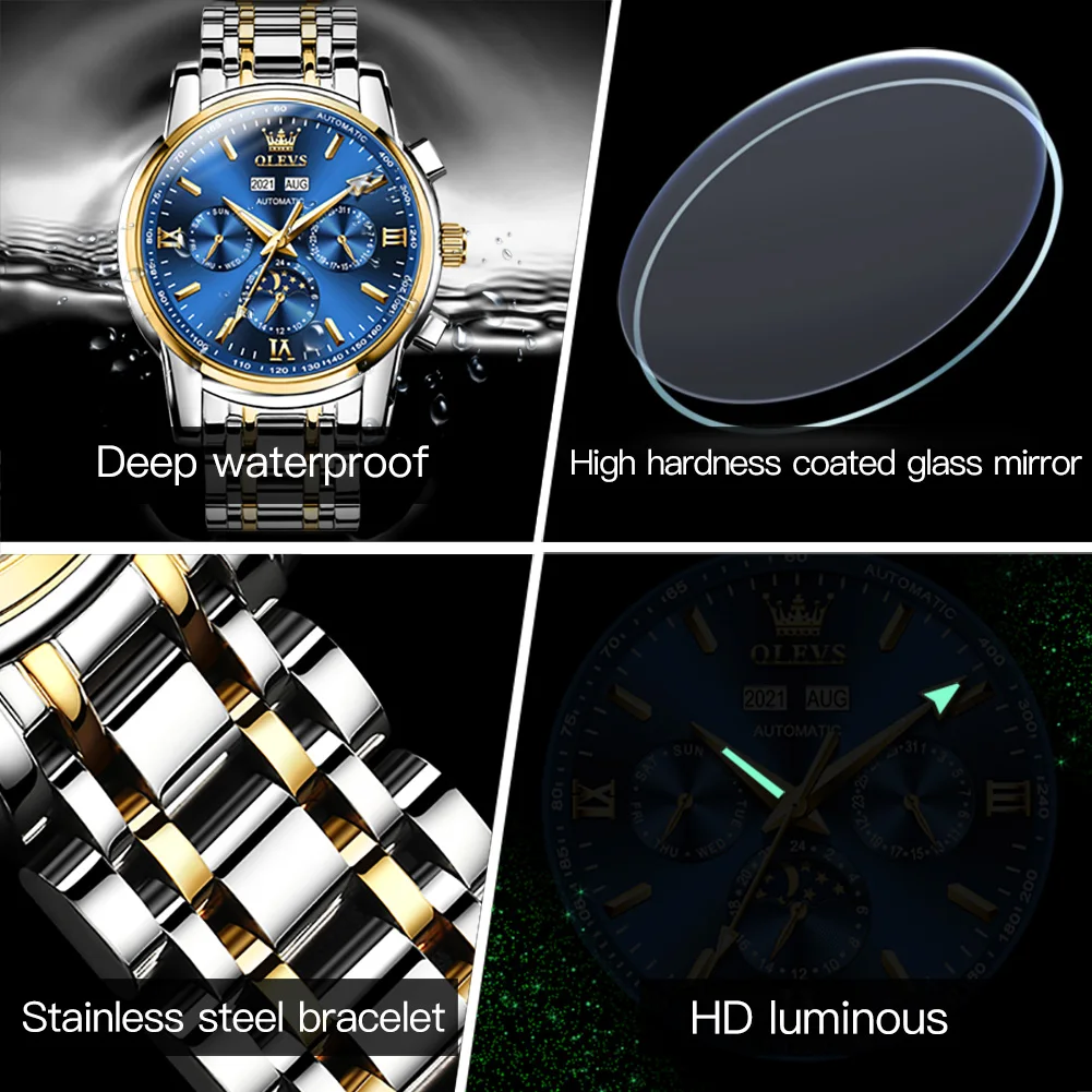 OLEVS Men's Watches Automatic Mechanical Luxury Stainless Steel Waterproof Watch Gift For Men Three-eye Bezel Week Date Display enlarge