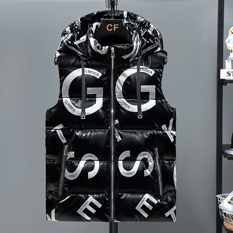 

2023 Winter Thick Vest Men Hooded Hat Detachable Letters Printed Waterproof Male Comfortable And Warm Waistcoat Plus Size 5XL