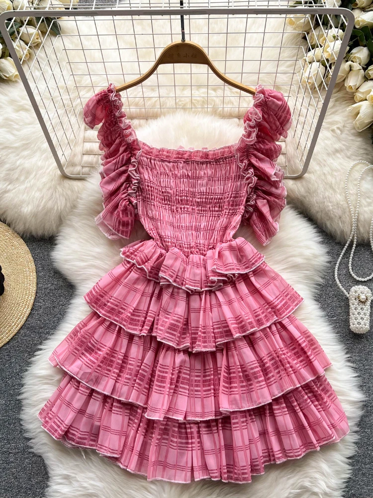 

Women Layer Dress Elegant Ruffles Sleeveless High Waist Plaid Dresses Ladies A Line High Waist Boho Short Dress
