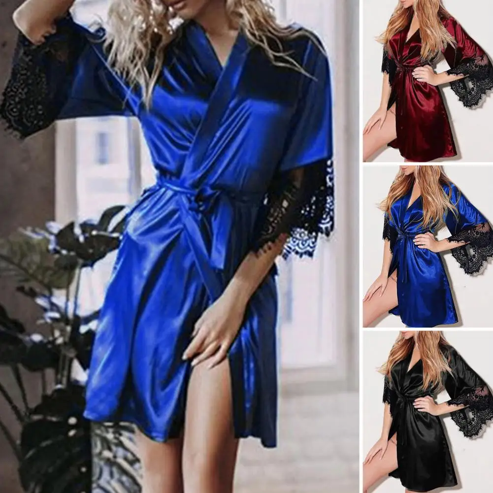 

Soft Stylish High Waist with Belt Women Pajamas Above Knee Length Lady Nighty Dress Long Sleeves for Sleeping