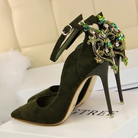 new women shoes sexy slim womens shoes stiletto high heel suede shallow mouth pointed rhinestone one word strap shoes