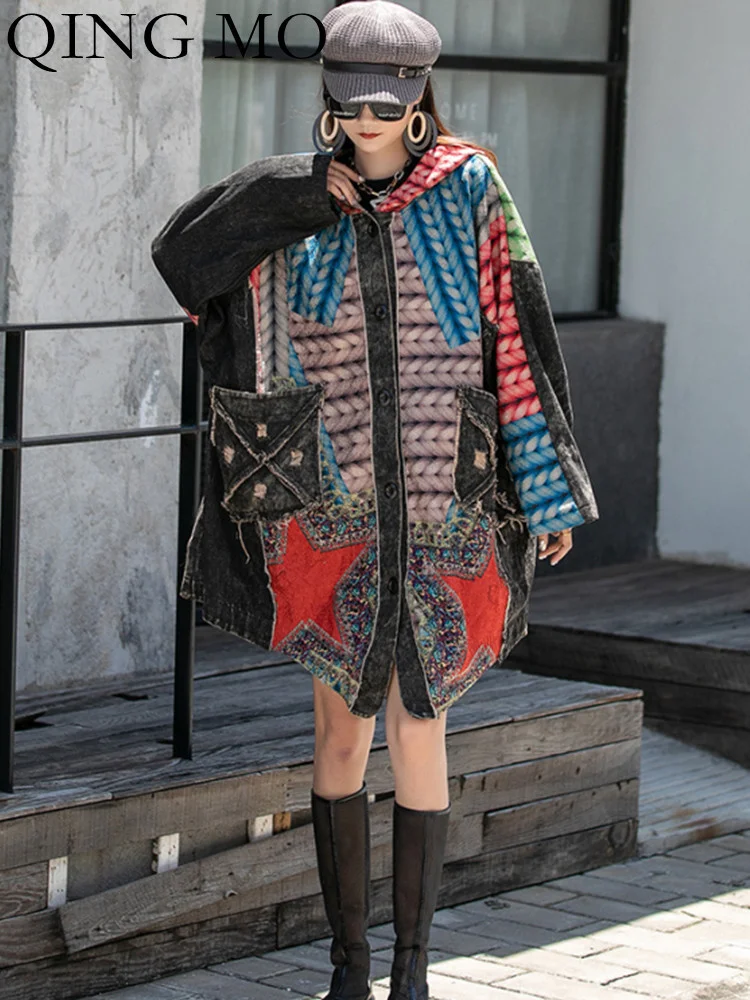 

QING MO Loose Large Print Knitted Patchwork Denim Jacket Women 2023 Spring Autumn New Medium Long Hooded Coat ZXF664
