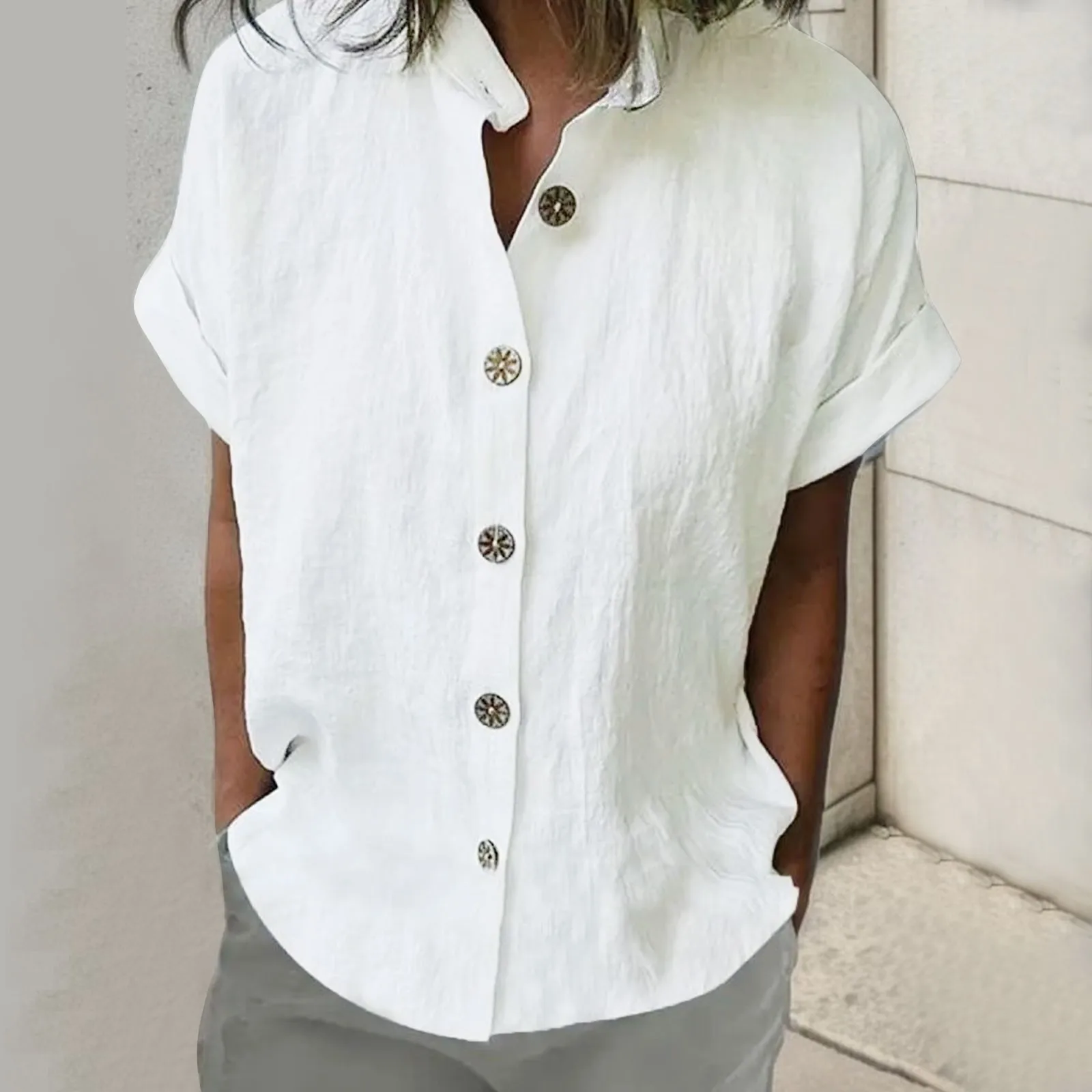 

Women Linen Solid Color Shirts Button Up Short Sleeved Loose Fit Blouse Daily Comfy Shirt For Ladies Casual Basic Tops Blusas