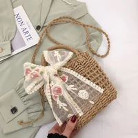 floral embroidery bow decor straw bag summer hollow shoulder bucket bag travel seaside beach bag women small crossbody bag bolsa