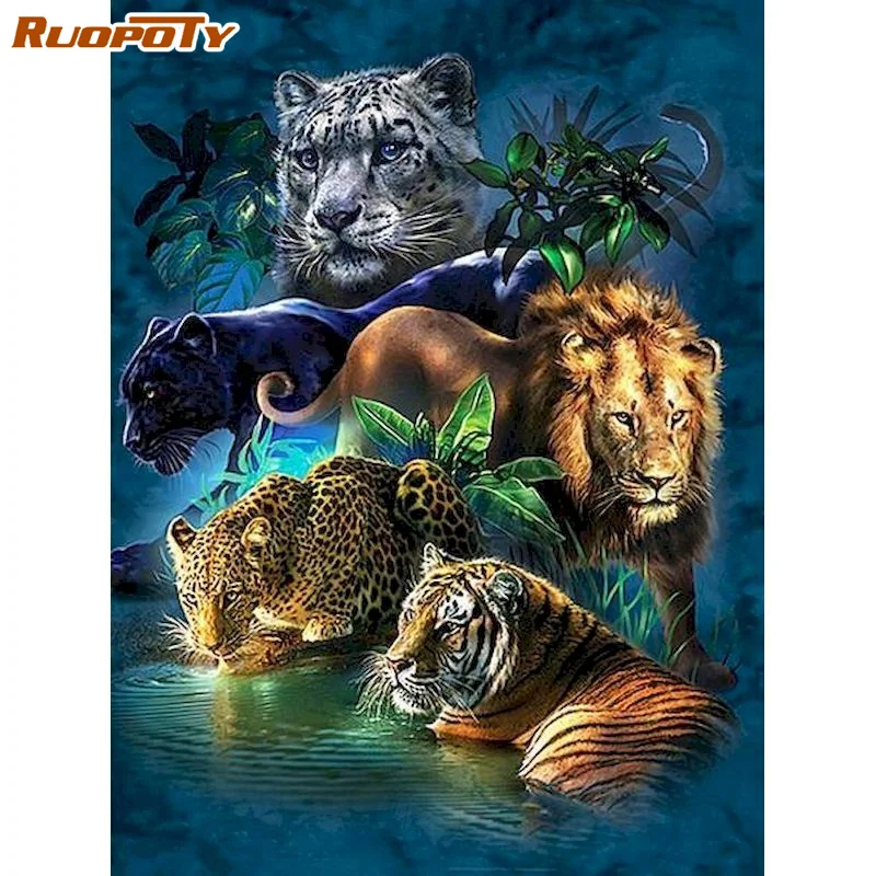

RUOPOTY DIY Oil Painting By Numbers Kits For Adults Children 60x75cm Tiger Animal Art frame Paint By Number Home Decoration