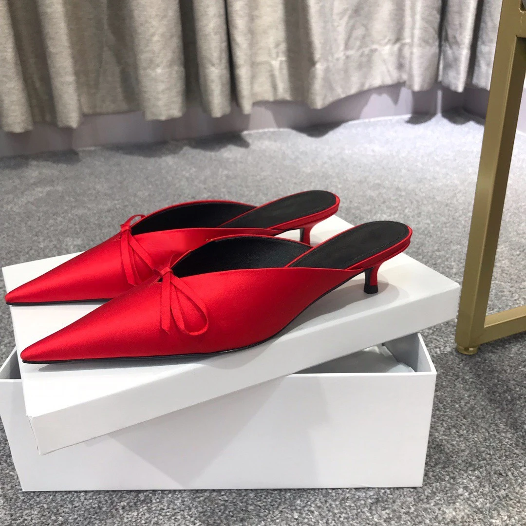 2023 New Pointed Half Pack Slippers Women's Bow Short Heel Cat and Muller Half Slippers