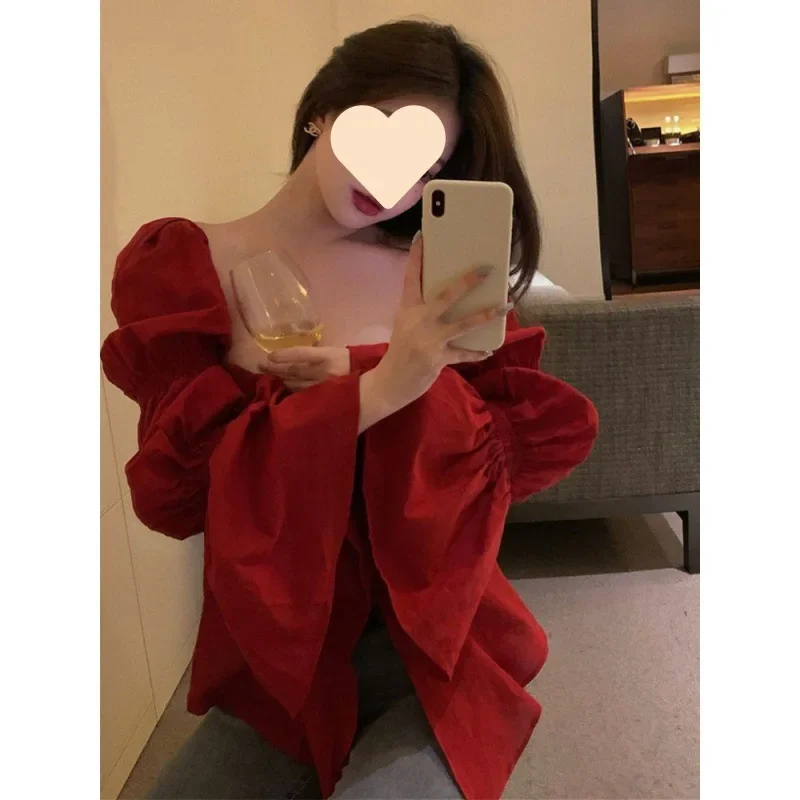 Красная сексуальная блузка в корейском стиле женская шикарная дизайнерская