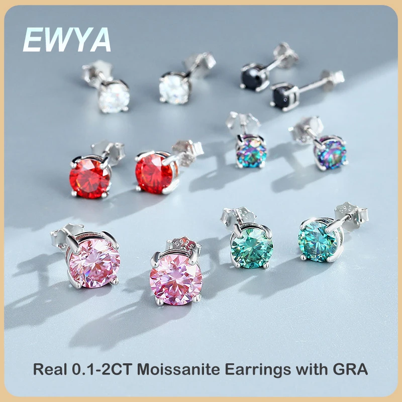 

EWYA GRA Certified 0.1-2ct Colored Green Pink Moissanite Stud Earrings for Women 100% 925 Sterling Silver Ear Studs Fine Jewelry