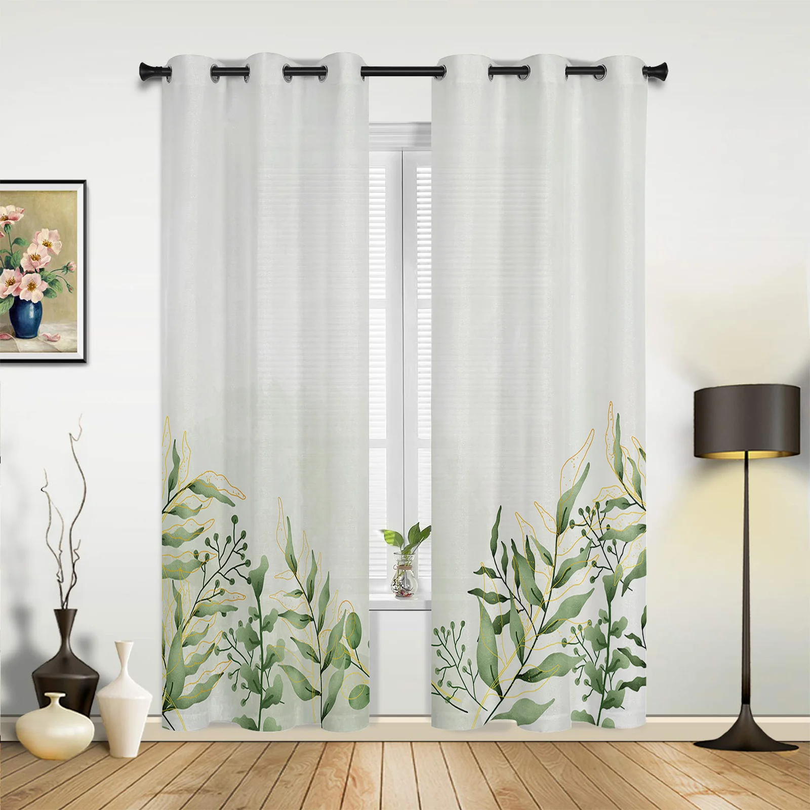 

Акварельные шторы с зелеными листьями растений, для гостиной, спальни, готовые занавески для окон, кухни