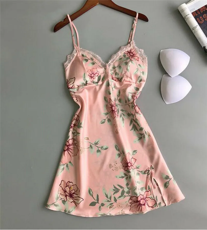 Floral Satin Silk Night Dress Women Sexy Bras V-Neck Gecelik Linger Lace Sleepwear Dress Print Nightgowns Women Sexy Nightdress