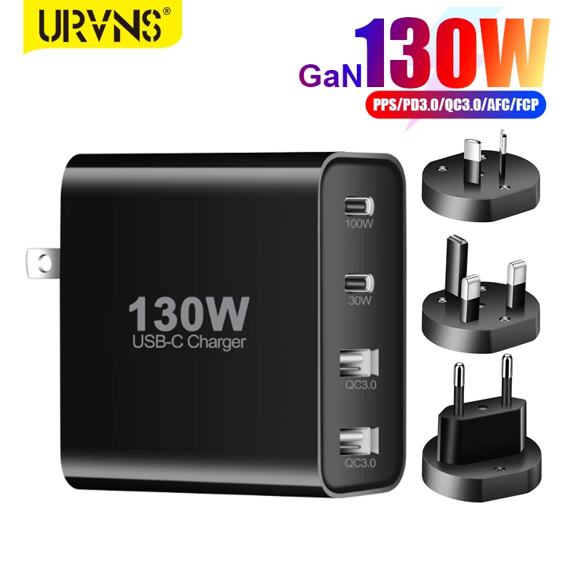 Сетевое зарядное устройство URVNS 130 Вт GaN с 4 портами USB C PD 100 Вт PPS 30 Вт QC3.0, быстрая зарядка для MacBook Pro/Air iPad iPhone 14/13/12 Galaxy