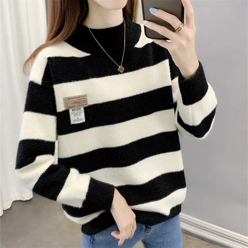 

Fashion Spring Stripe Half Turtleneck Mink Cashmere Sweater Women Short Pullover Jumpers Ladies 4 Color Long Sleeve Tops Female