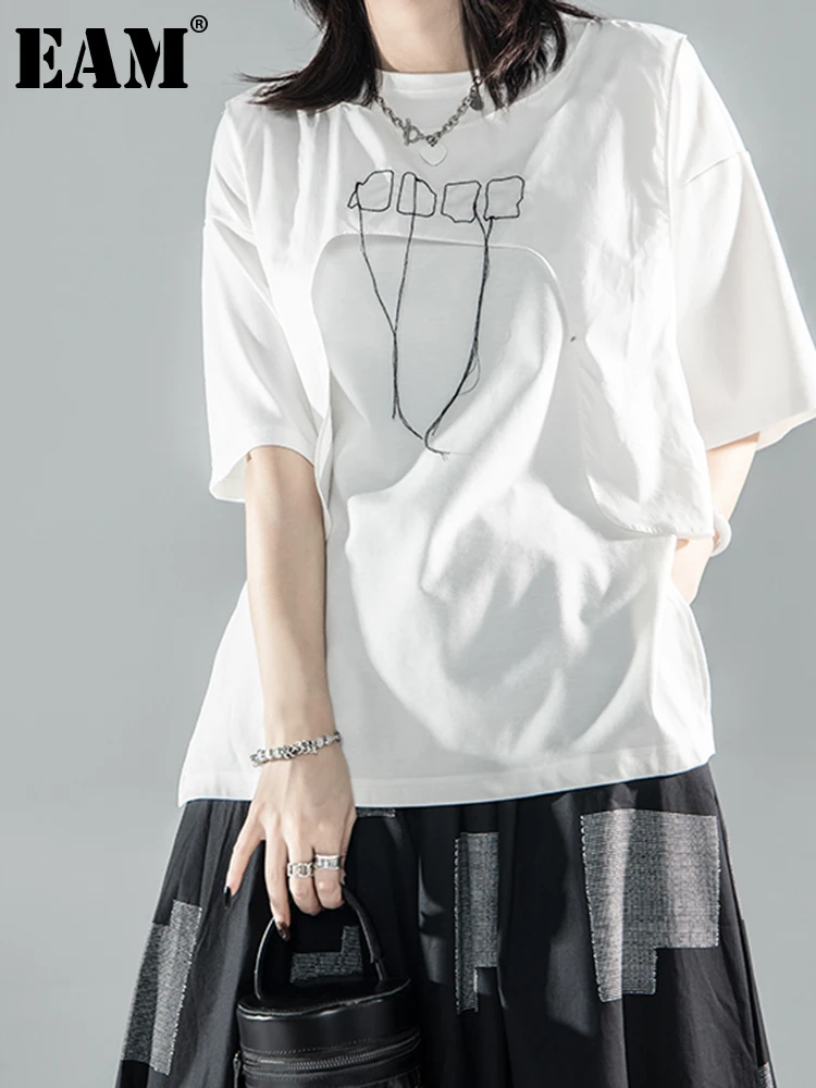 

[EAM] Женская белая рубашка с кисточками, большой размер, новинка, круглый вырез, короткий рукав, мода, весна-лето 2022, 1DE9740