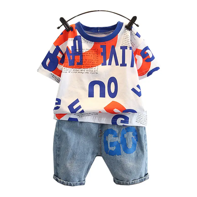 Children's Summer Suit 2022 New Arrival  Western Style Fried Street Short Sleeve T-shirt Boy Korean Style Denim Two-Piece Suit