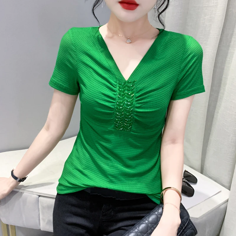 

White T Shirt Slim Fit Women 2022 Summer Fashion Beaded Ruched V-Neck Short Sleeve Green T-shirt Office Lady Elegant Basic Tops