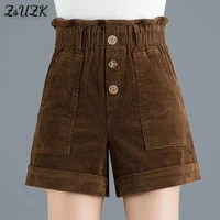 corduroy shorts for women spring autumn new korean elastic high waist slim loose casual shorts wide leg short pants
