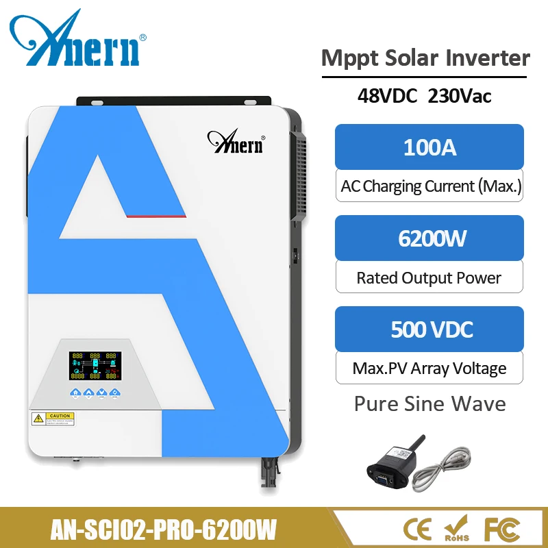 

Anern 6200W 3600W Solar Hybrid Inverter 48V 24V Pure Sine Wave Off Grid Inverter Max PV 500Vdc with MPPT 120A Solar Controller