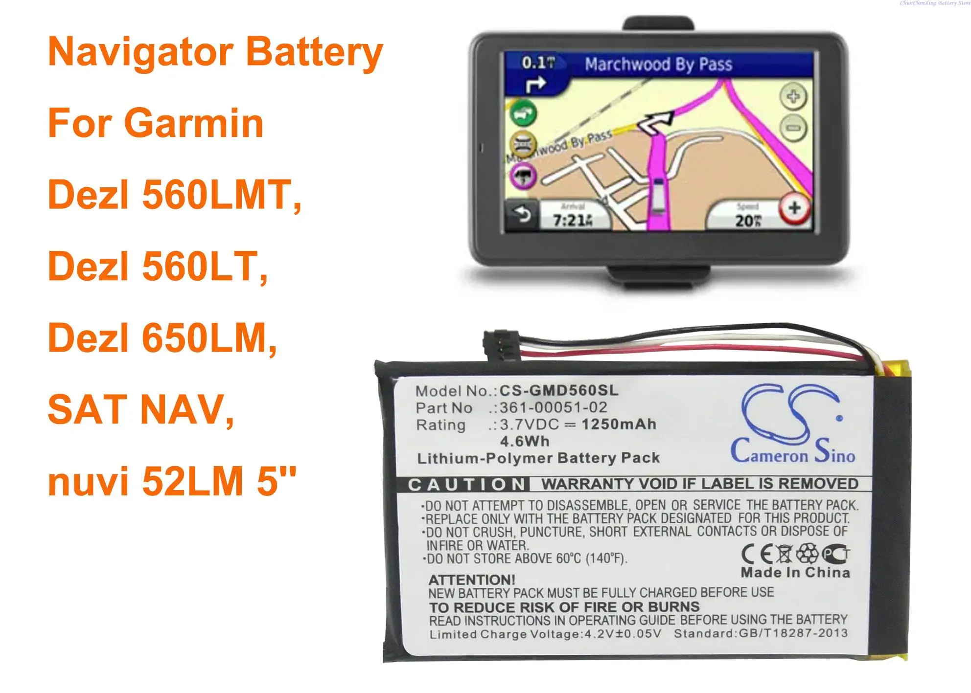 

Cameron Sino 1250mAh GPS, Navigator Battery for Garmin Dezl 560LMT, Dezl 560LT, Dezl 650LM, SAT NAV, nuvi 52LM 5''