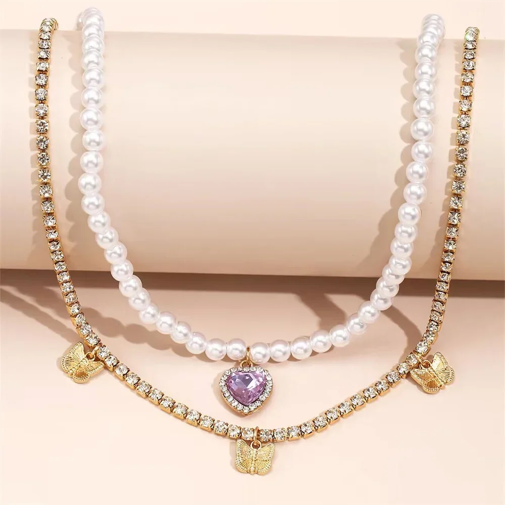 Цепочка с подвеской в форме сердца искусственным жемчугом и кристаллами