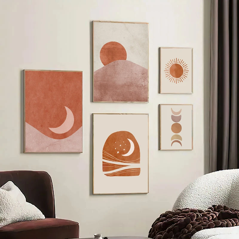 

Простые современные обои в японском стиле с геометрическим рисунком солнца, луны, звезд, абстрактная спальня, гостиная, коридор, декоративн...