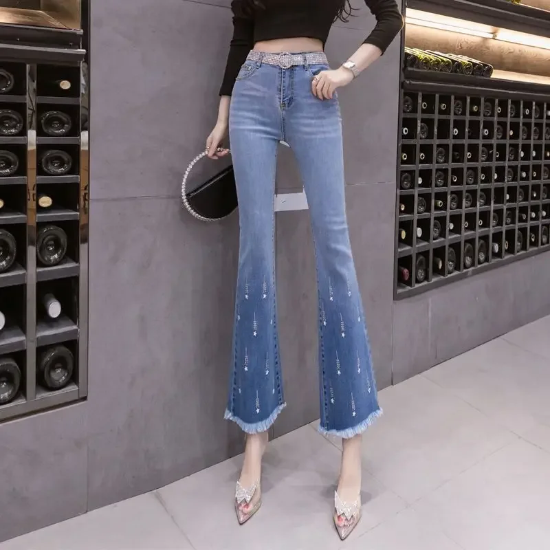 Брюки-Капри женские джинсовые с завышенной талией укороченные штаны-клеш