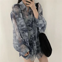 vintage oversized summer thin blouse long sleeve lapel button casual tie dye blue shirt female chic outerwear 2022 new top