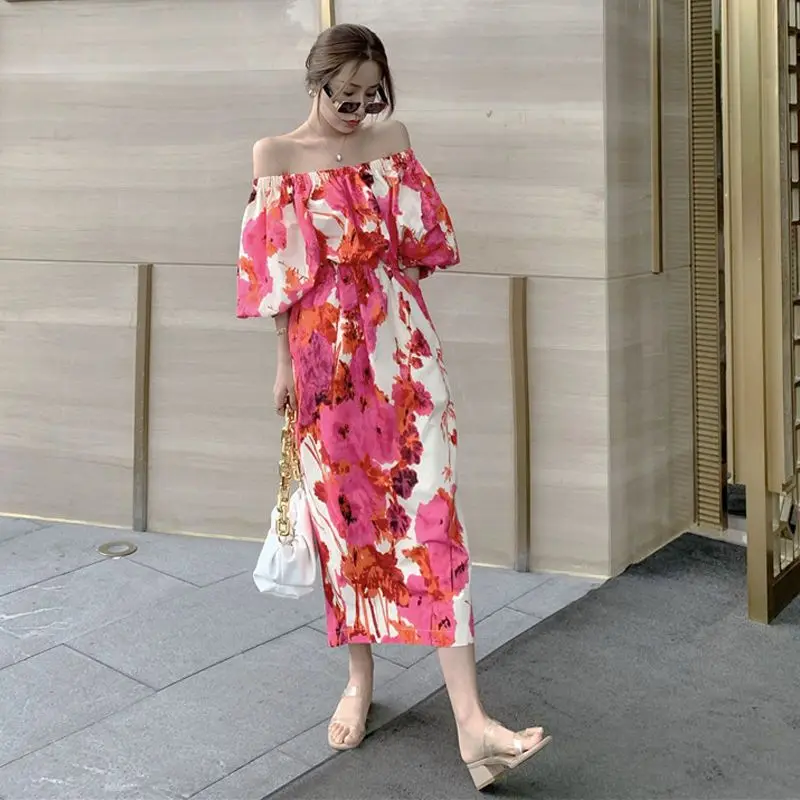 

Праздничная пляжная юбка с открытыми плечами, модное стильное платье богини с поясом и крашеным принтом, платье с вырезом на груди