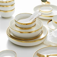 luxury golden border ceramic dinner plate hotel kitchen cooking bowls soup bowls fruit salad plate white porcelain tableware set