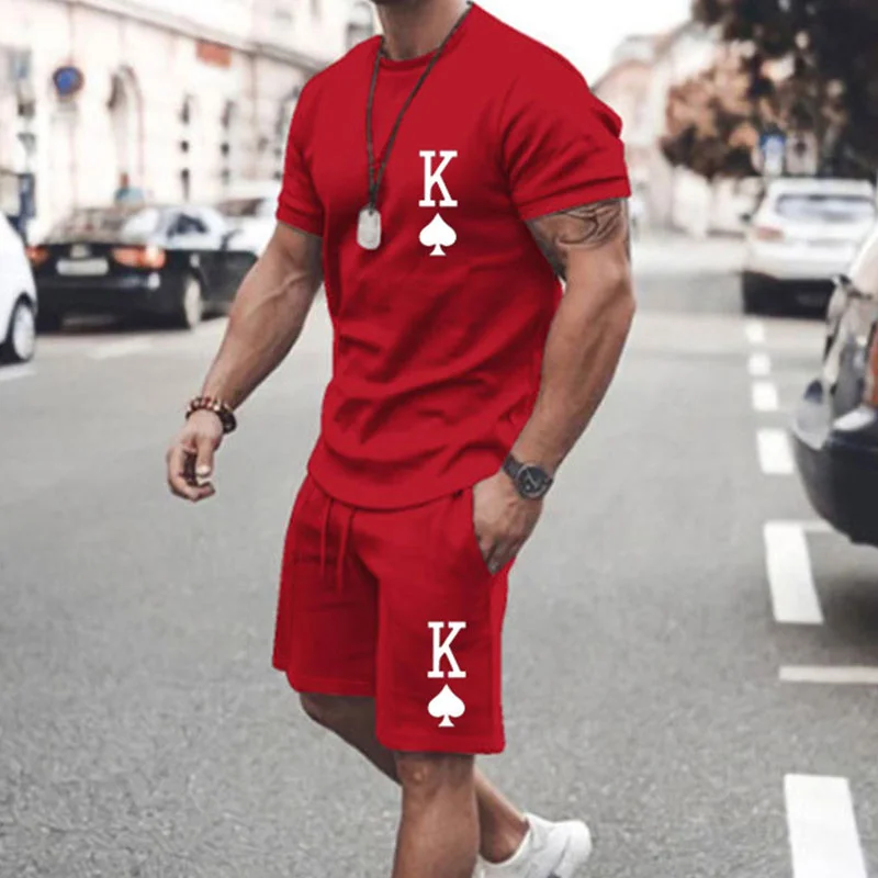 Oversized 2023 summer top men's classic Magic poker alphabet print T-shirt casual 2-piece set street fashion shorts  men's wear