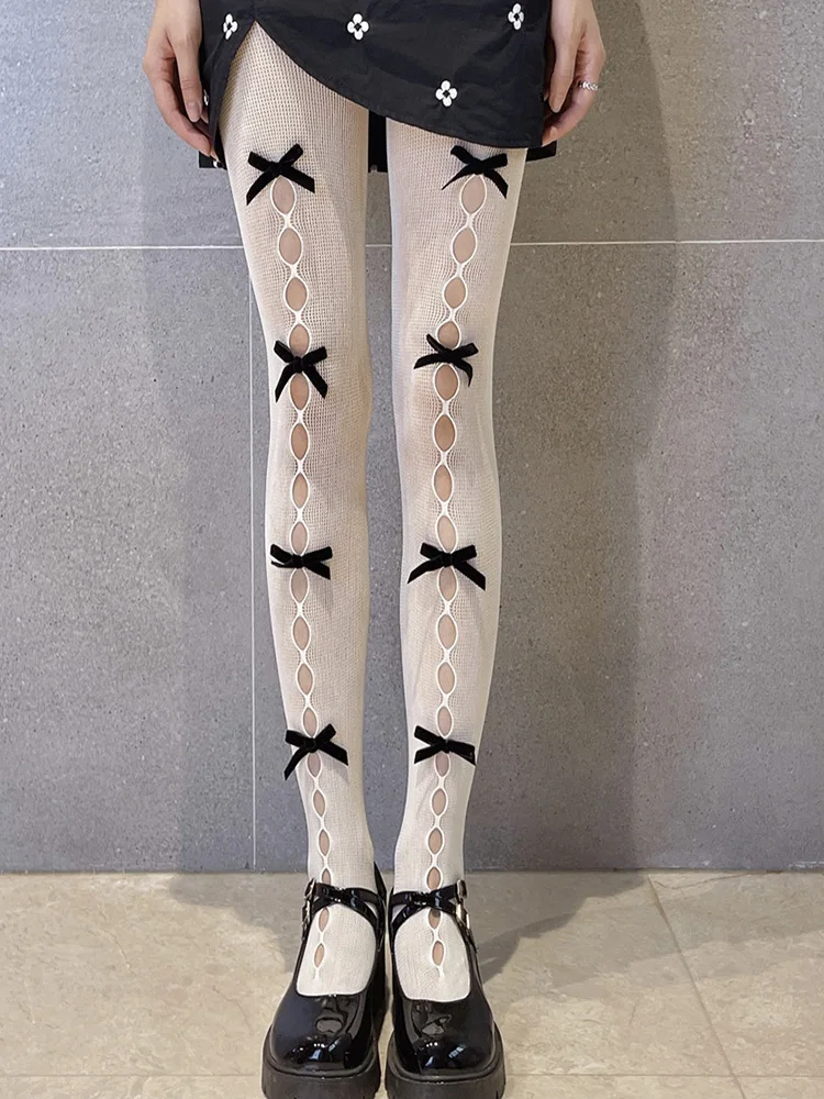

Women's White Sexy Fishnet Stockings Sweet Girl Style Lolita Hollow Hole Bow Bottoming Rompers Summer Thin Pantyhose