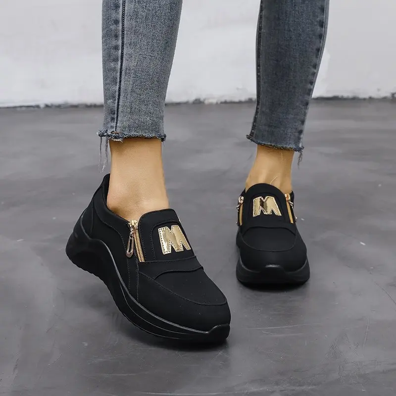 

Women Shoes Sport Thick Bottom Vulcanize Shoes Sneakers Solid Color Casual Wedge Walking Slip On Zipper Casual Shoes
