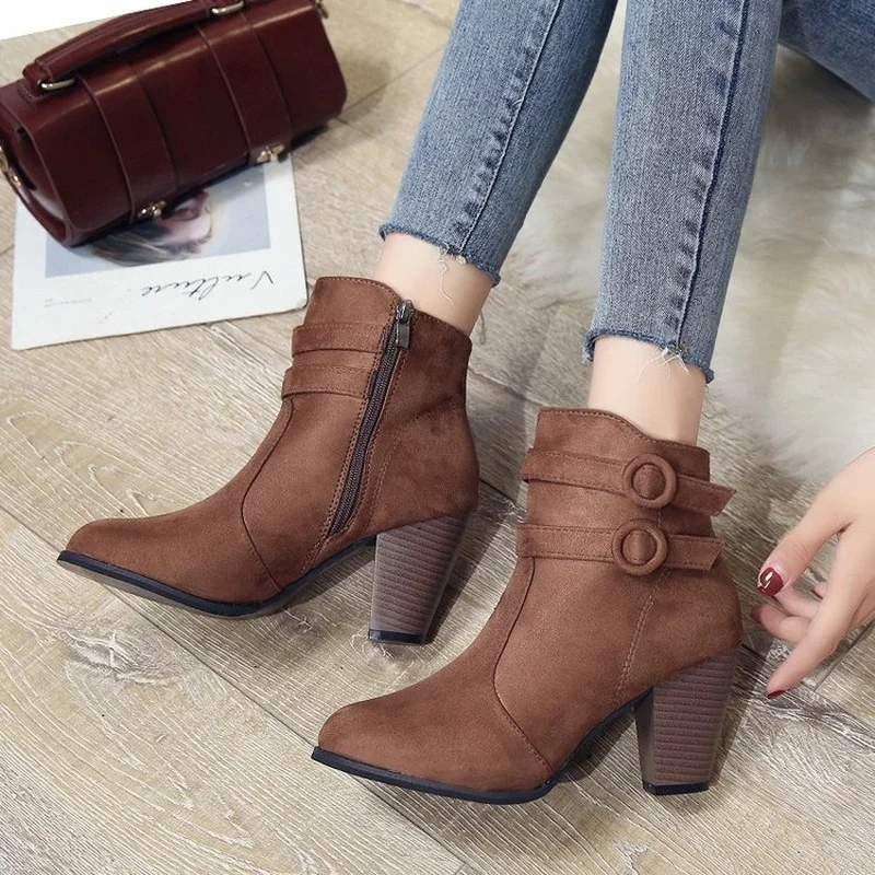 2022 New Spring Autumn Women Boots Flock Ankle Shoes Fahsion High Heels Shoes Woman Botas De Mujer Casual Plus Size Ladies Boots