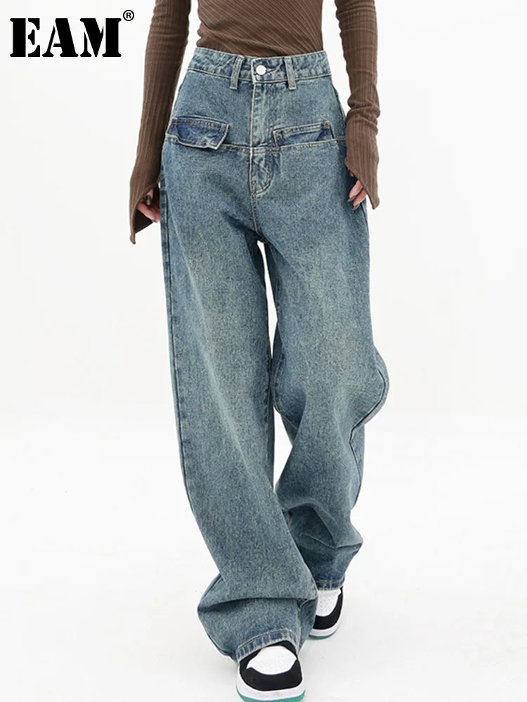 

[EAM] High Waist Blue Casual Denim Wide Leg Pockets Pants New Loose Fit Trousers Women Fashion Tide Spring Autumn 2023 1DF3602