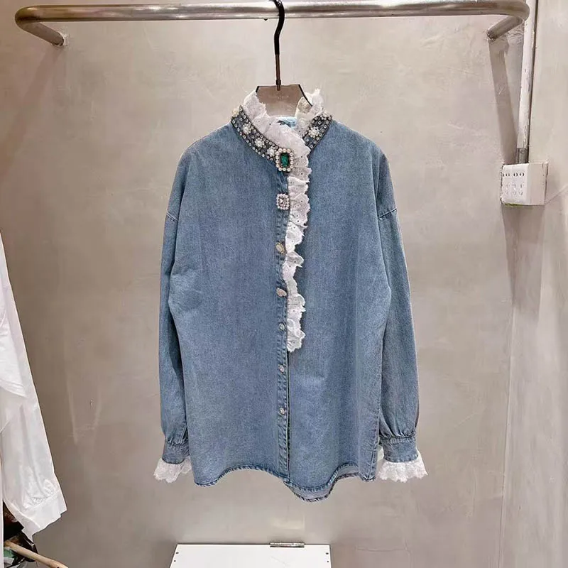 Korean Style Heavy Industry Beads Diamond-Embedded Denim Shirt Women 2022 Spring New Loose Blusas Top Lace Stitching Jean Blouse