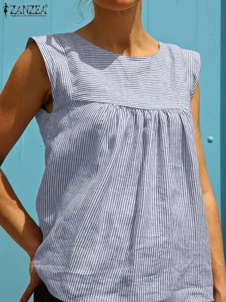 

ZANZEA Fashion Stripe Blouse Summer Causal Work Shirt Women's Sleeveless Tops O Neck Tank Blouses Femme Pleated Blusas Mujer