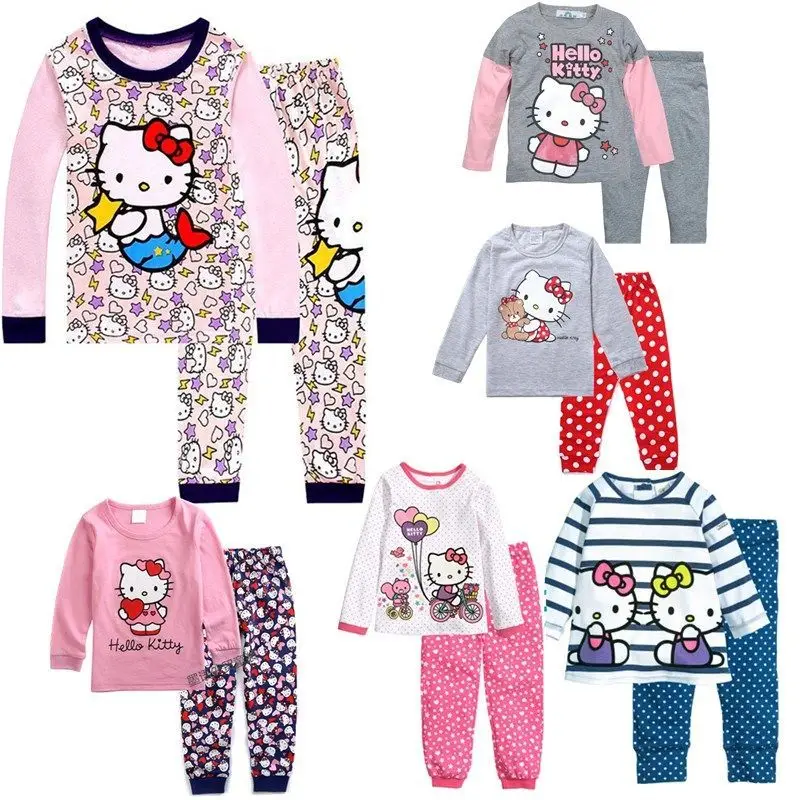 

Cartoon Hello Kitty Children's Household Clothes Girls New Cotton Children's Long-Sleeved Homewear T-shirt Pajamas Underwear Set