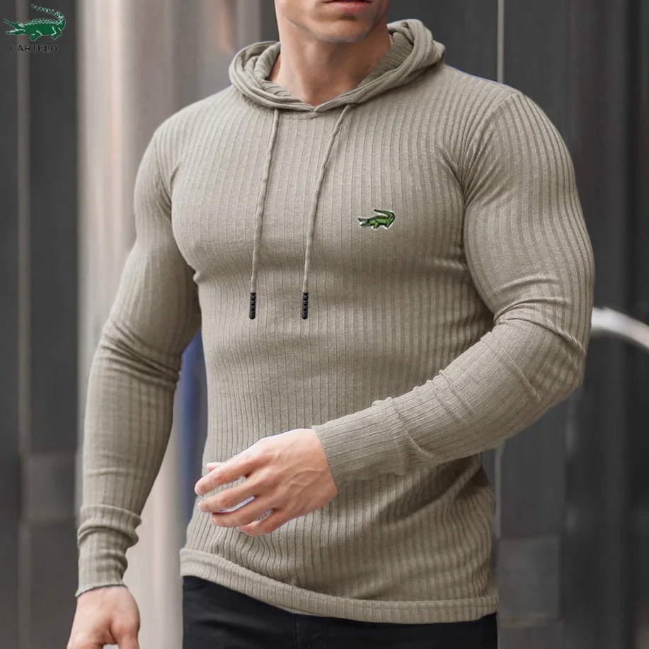 Cartelo Men's Sports Muscle Fitness Spring and Autumn Slim Training Clothing Knitted Long Sleeved Hoodie Coat Sweater