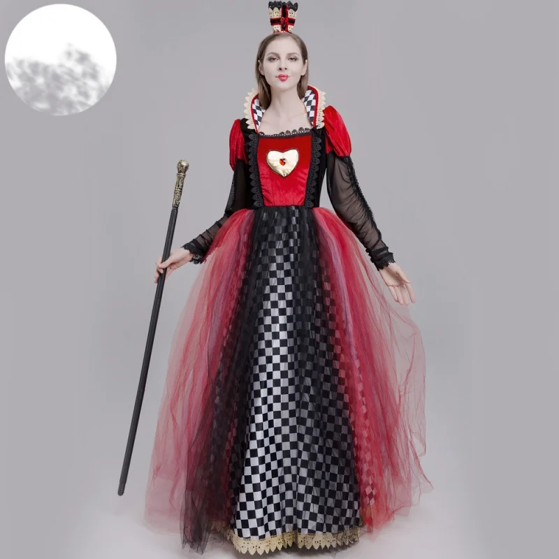 

Halloween Adult Costume FPoker Red Heart Princess Dress Cosplay Women Elegant Masquerade Party Wear Dresses With Headwear