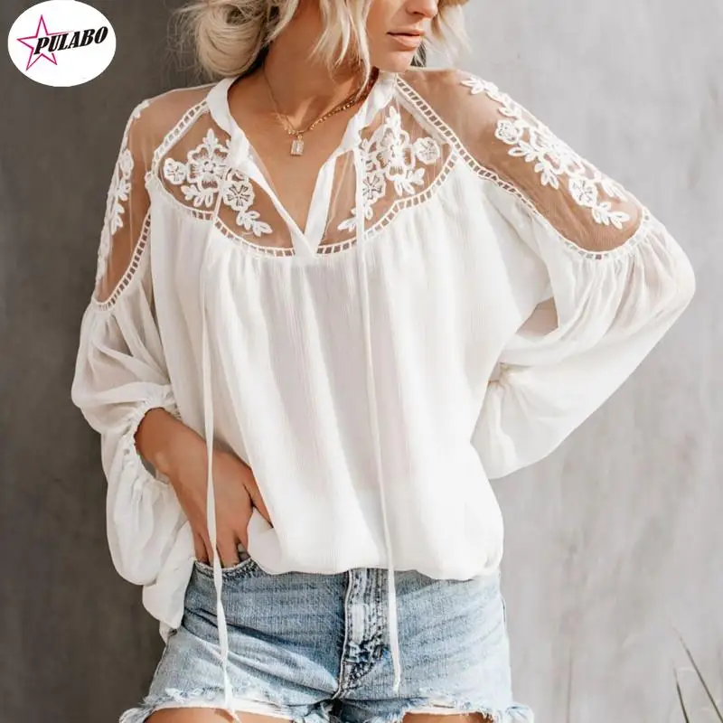 PULABO шифоновые женские повседневные кружевные блузки с длинными рукавами и