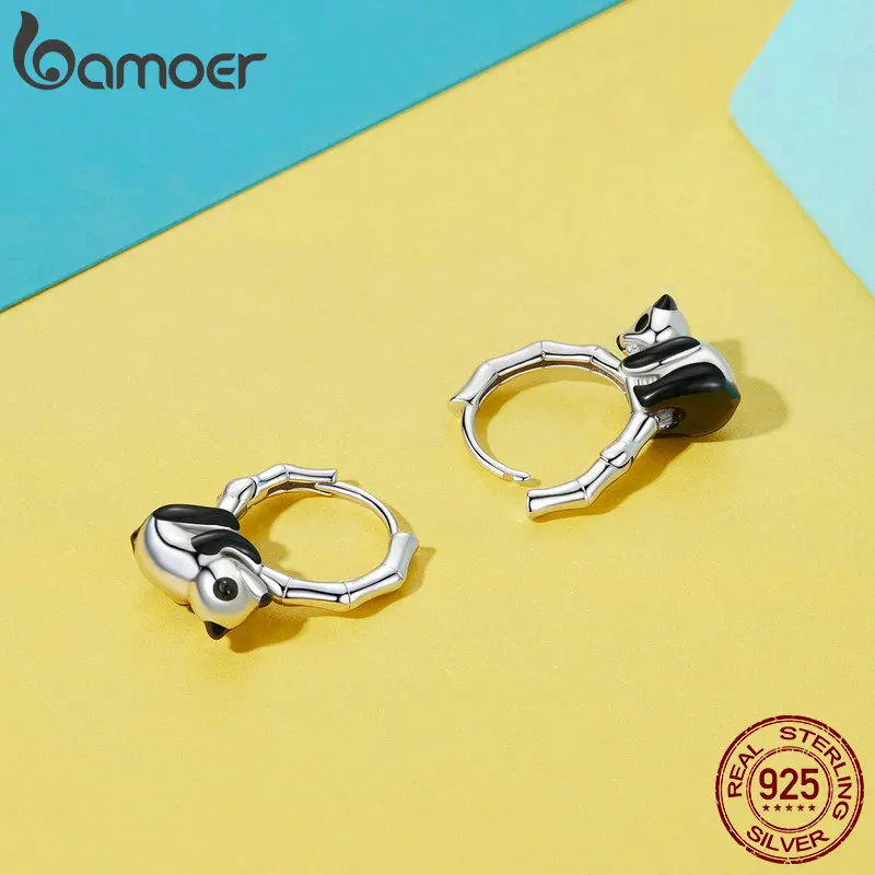 Женские серьги-кольца с пандой BAMOER серебряные Huggie 925 пробы Подарочные ювелирные