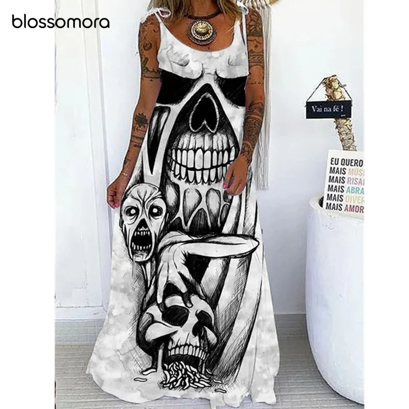 

Blossomora Y2k Loose Skull Print Fashion Long Dress Causal O-neck Sleeveless Spaghetti Strap Dresses Summer Vestidos Women 2022