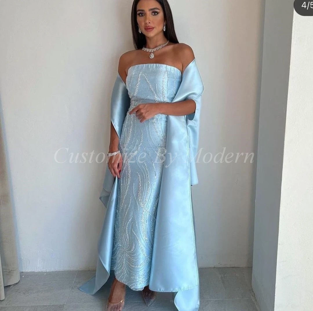 

Light Sky Blue Satin Long Prom Dresses Sheath Strapless Beadings Sequins Floor Length Saudi Arabia Women Evening Party Dress