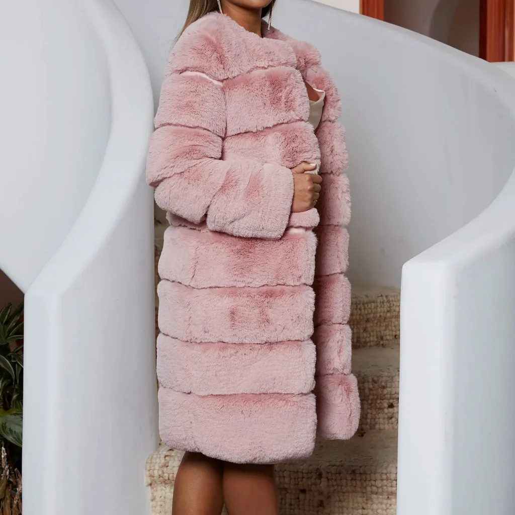 Thick Warm Fur Outerwear Women  4XL Long Sleeve O-neck Jacket Winter Fashion Women Faux Fur Furry Long Coat Overcoat