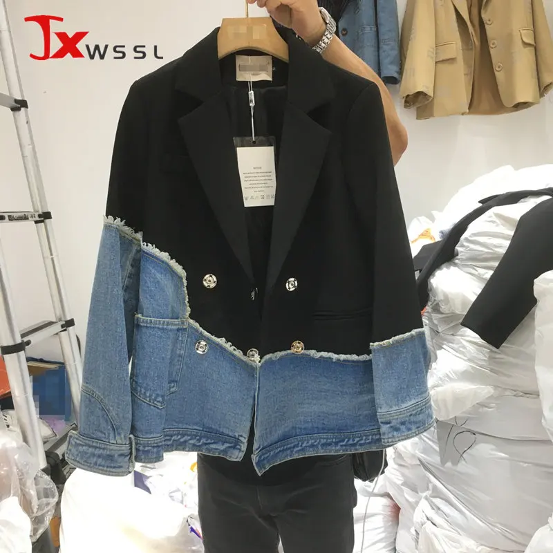 

High Quality Women's Suit Coat Fashion Design Splice Irregular Loose Denim Coat Streetwear Female Simple Casual Blazer Jacket