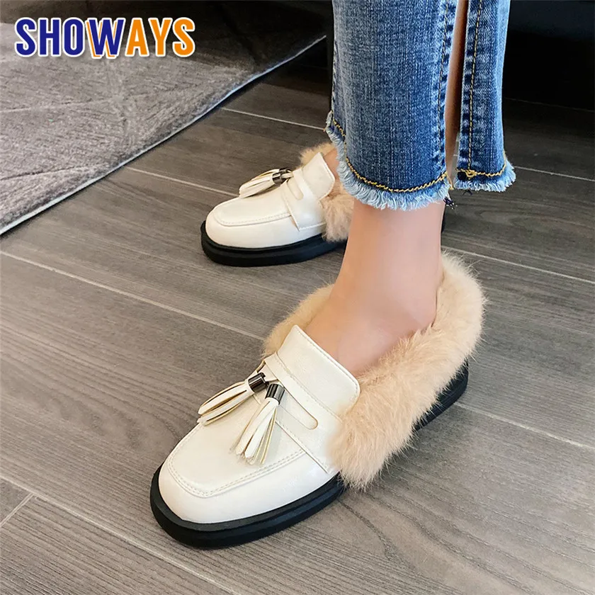 

Plus Size Warm Fur Women Loafers Black Beige Low Square Heel Tassel Moccasins Retro Casual Round Toe Slip On Lady Platform Flats