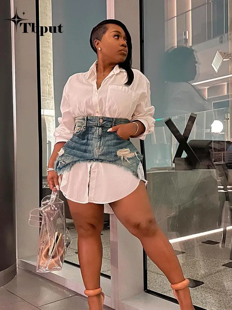 

Women Denim Shirt Blouse Single Breasted Mini Dress Suit Long Sleeve Turn-down Collar Dress Fashion Irregular Two 2 Piece Set