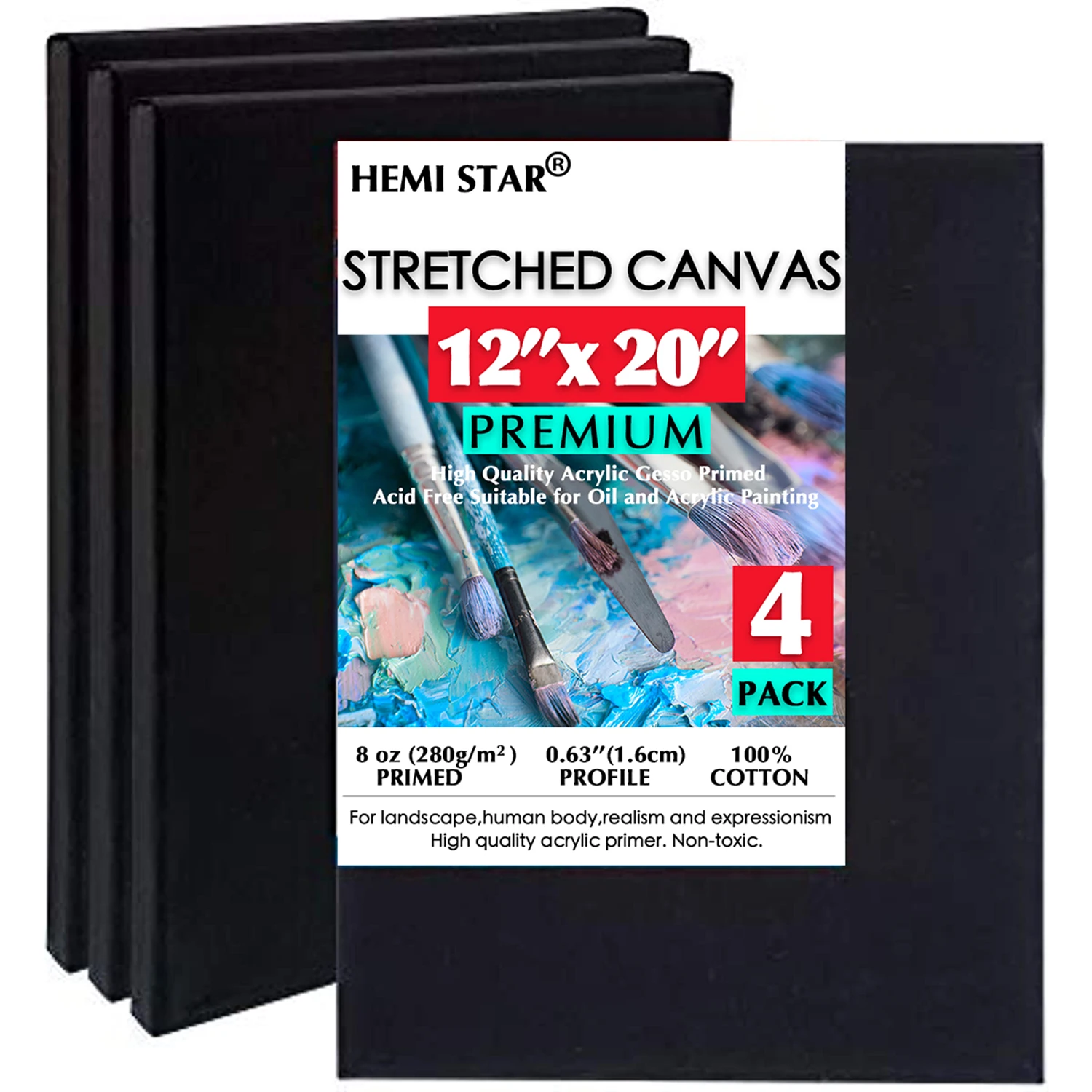 

Black Paint Canvas for Painting, Pack of 4, Blank Black Canvas 100% Cotton Stretched Canvas, 8 oz Gesso-Primed 12x20in (30x50cm)